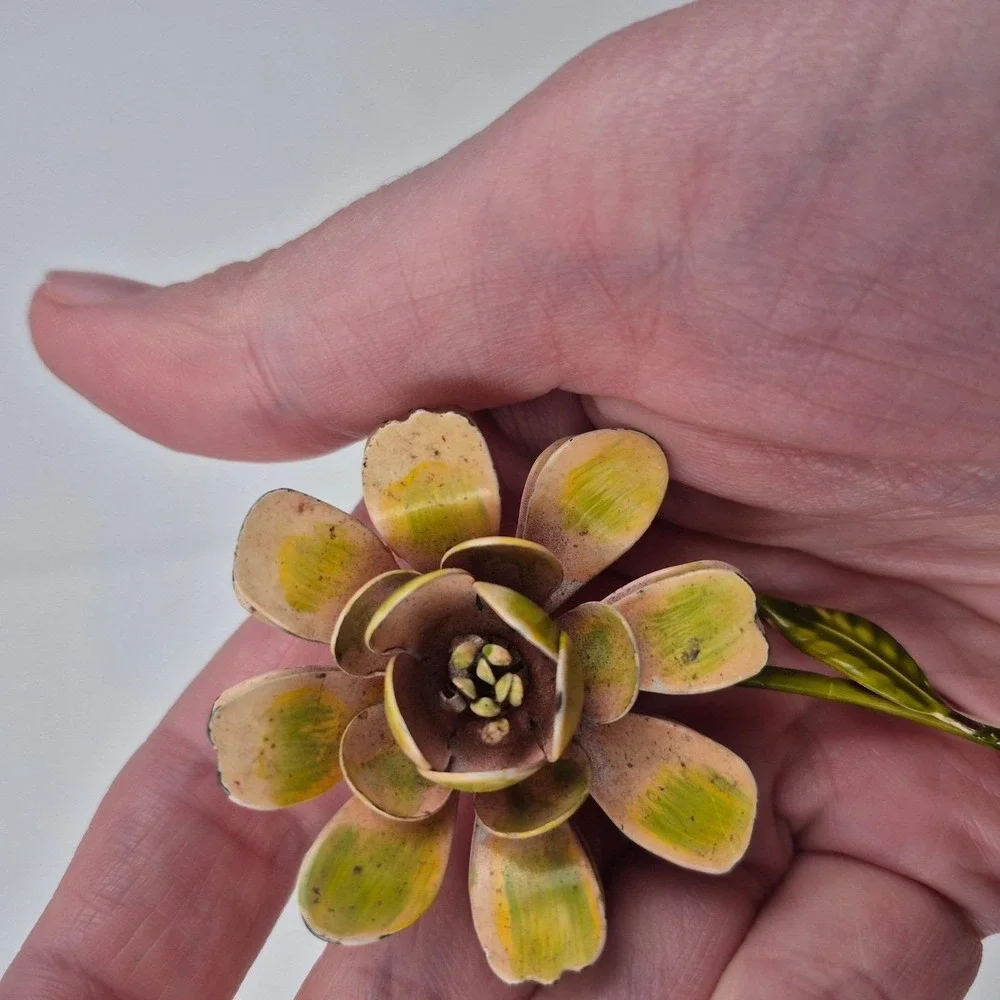 Vtg Enamel Flower Brooch‎ Pink Green Daisy 3.5